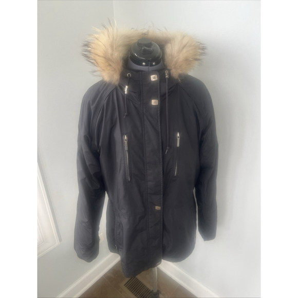Vintage Metropolis Legacy Sz 14 Winter Parka Coat Black Tan Faux Fur Hood Lined - Picture 3 of 16